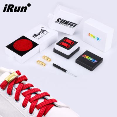 China Irun Wholesale Flat Elastic Flat Sneaker Never Running Tie Laces Quick Lock Again Laces Magnet Shoe Laces With Metal Lock for sale