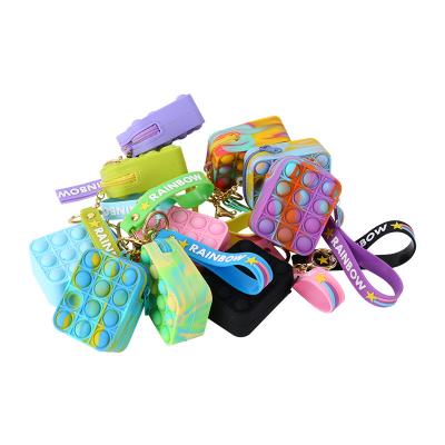 China Food Grade Silicone Noise Buster Toys Bag With Key Chain, Trigger Tied Dyed Part Handbag Sensory Wiggles Gifts, Noise Purse Buster Toy For Girls for sale