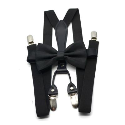 China Adult 4 Staples Formal Black Polyester Spandex Suspender And Cotton Bow Tie Set for sale