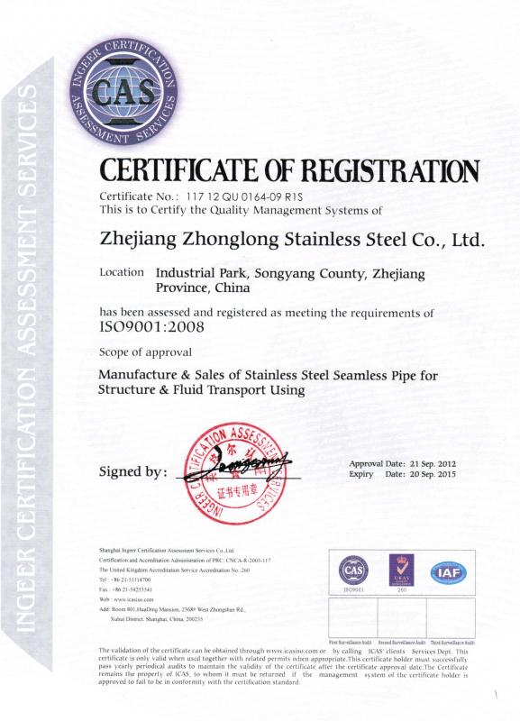 ISO9001-2008 - ZHEJIANG ZHONGLONG STAINLESS STEEL CO.,LTD