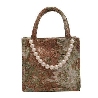 China Fashion SP740 2021 Fashion Flower Female Tote Bag Painting Canvas Handbag With Pearl for sale