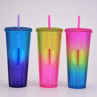 China Double Layer Straw Durian Cup Bright Diamond Plastic Crystal Studded Tumbler Pink New Minimalist Plastic 24oz Coffee Mug With Straw for sale