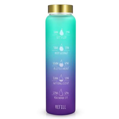 China Viable Fitness Motivational Workout Glass Water Bottle With Time Markings And Measurements 1000ml/32OZ for sale