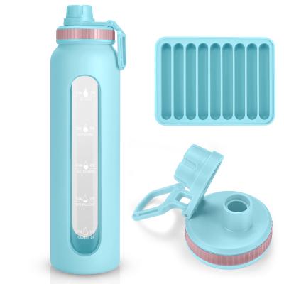 China Wholesales 32oz Borosilicate Glass Viable Water Bottle with Time Marker and Spout Lid, Motivational Water Bottle with Silicone Sleeve for sale