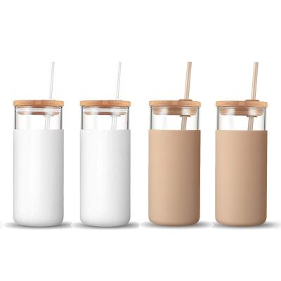 China Fashion Freestyle BPA Freestyle Tumbler Drinking Glass 20oz Straw Silicone Protective Sleeve Bamboo Thick Bottom Glass Lid for sale