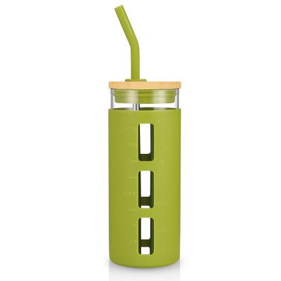 China Newest 2021 Sustainable Bamboo Tea 20oz Amazon Glass Water Bottle Tumbler With Infuser And Bamboo Water Bottle Glass Straw Lid for sale