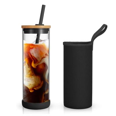 China Viable Customized 2021 New Logo Straws Glass Bubble Tumbler Reusable Lid Bamboo Milk Tea Boba Glass Cups for sale