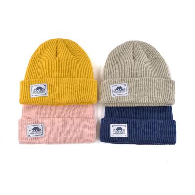 China Custom Logo Unisex Fashion Various Solid Color Striped Beanie Warm Cap Kids Winter Hats for sale