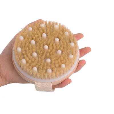 China EXFOLIATE Comfortable Sisal Bristle Body Dry Skin Round OEM Body Massage Brush Wooden Bath Brush for sale