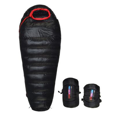 China Mummy Hiking Camping Mummy Envelope Sleeping Bag Striped Duck Down Waterproof Outdoor Travel 400T Nylon Flannel Adult Cold Weather for sale