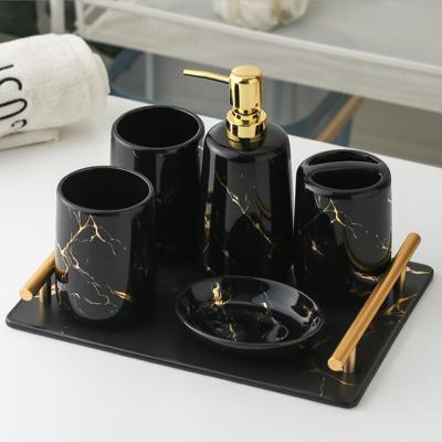 China Viable Wholesale Home Decorative Black Marble Effect Ceramic Natural Bathroom Accessories Set for sale