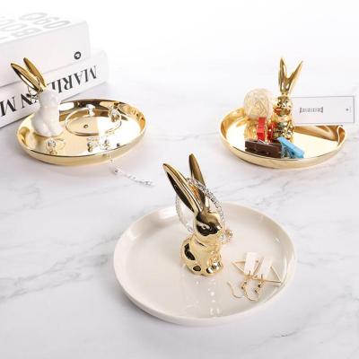 China Sculptures in Ceramic Jewelry Box Tray Display White Ceramic Ring Flamingo Running Gold Cactus Rabbit Fast Shipping for sale