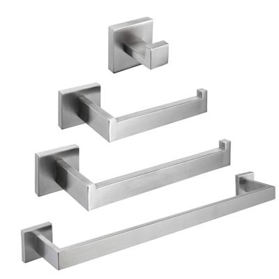 China Modern Bathroom Hardware Kit Wall Mounted Brushed Nickel Towel Bar Set of 4 Piece Stainless Steel Square Bathroom Accessories for sale