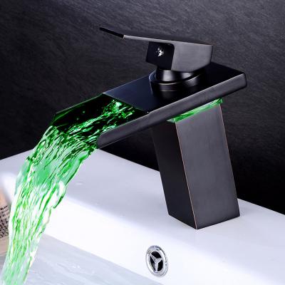 China Thermostatic Faucets 2021 New Model Hot Cold Water Mixer Taps GLOBE Basin Faucet Brass Color Changing LED Light Waterfall Bathroom Basen Faucet for sale