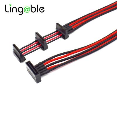 China For HDD SSD Power Extend Lingable Extension Cable Female Pin Male To 3 15P SATA 15 Port 1 In 3 Power Nylon Sheathed SATA Mains Cord Red Black Color for sale