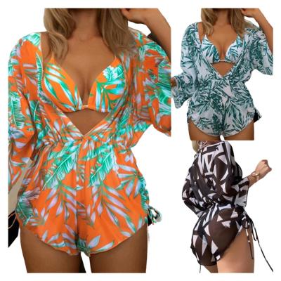 China Plus Size Women's 3pcs Leave Print Bandage Swimwear Hot Swimsuit Bikini With Cover Up Shirts Swim Bathing Suit Beach Wear for sale