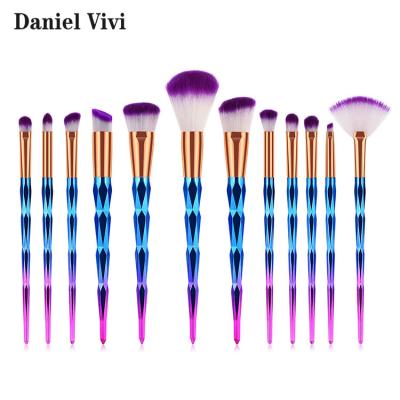 China Angular Blush Professional Long Handle 12pcs Rainbow Diamond Glitter Colorful Makeup Brush Set for sale