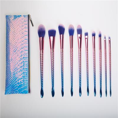 China Angular Blush Good Quality Gradients Handle Mermaid 10pcs Professional Makeup Set Brush With PU Pouch for sale