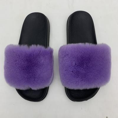 China Custom Fashion Trend Summer Rabbit Fur Striping Luxury Indoor Women's Slippers Fluffy Open Toe Slides Slippers Soft Plush Flat Sandals for sale