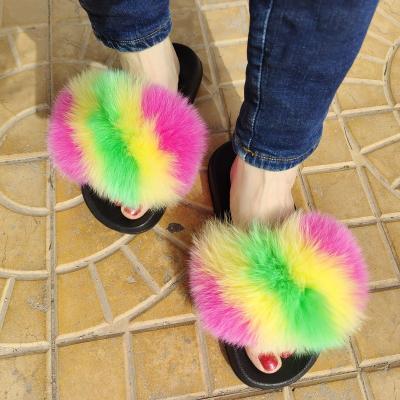 China Fashion Trend Rainbow Fur Slippers Fur Sandals Slippers Black Furry Slippers for sale