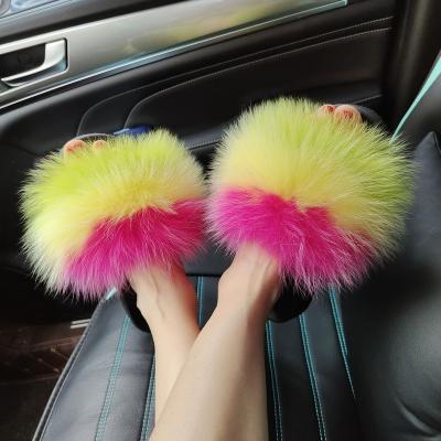 China Fashion Trend Factory Direct Real Fur Hair Slippers Fluffy Raccoon Fur Slippers for sale