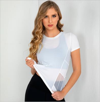 China Breathable Custom Logo 87% Polyester 13% Spandex Quick Dry Gym Wear Sweat Activated Women Gym Mesh T-Shirts for sale