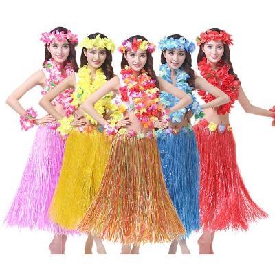 China PP Grass Raffia Hawaiian Polynesian Dance Skirt with Flower for Adult, Set of 6 for sale