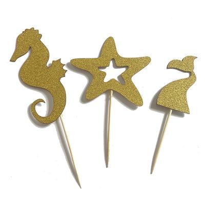 China Glitter Gold Glitter Paper Mermaid Seahorse Starfish Cake Topper Picks for Christmas Party Decorations for sale