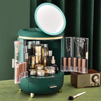 China New Minimalist Hot Selling Plastic Organizer With Mirror LED Organizer Cosmetics Case Jewelry Storage Box for sale