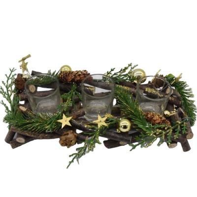 China Traditional Christmas Decoration Christmas Pine Cone Natural Wooden Candle Holder with 3-Candle Holders for sale