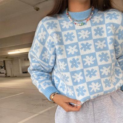 China 2021 Winter Breathable Women Fashion Floral Streetwear Knit Pullover O-Neck Tops Loose Casual Sweaters for sale