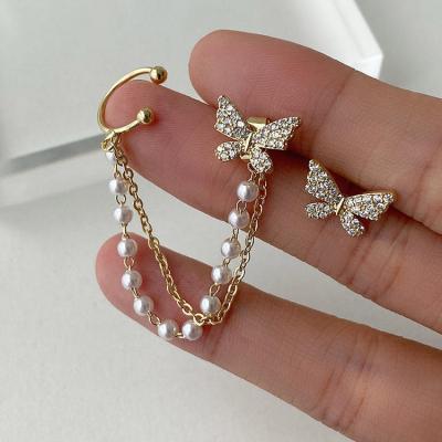 China Elegant Charming Best Zircon Butterfly Pearl Chain Tassel Earrings Stainless Steel Handcrafted Woman Jewelry By Earrings for sale