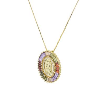 China Environmental Friendly Gold Plated Virgin Mary Oval Christian Inlaid Zirconium ZC Copper Plating Religious Necklace Jewelry for sale