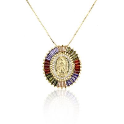 China Simple Fashion Christian Jewelry Religious Diamond Virgin Mary Necklace Brass Color Pendant Gold Environmental Friendly Oval Pendant for sale