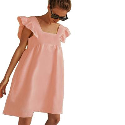 China Anti-wrinkle 2021 women mid length dress fashion solid color summer women dresses ruffled flying sleeves loose casual women skirt for sale