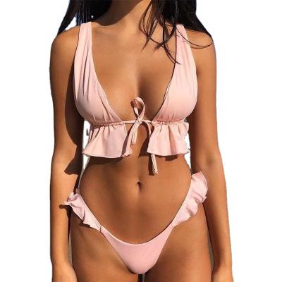 China 2021 Fashion Breathable Design Ruffled Sexy Lace Solid Color Swimwear Bikini Set Swimwear for sale