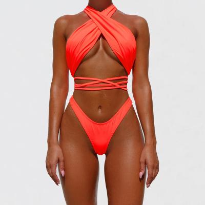 China 2021 Breathable Women Wholesale High Quality Custom Logo Back Lace Up Halter Solid Color Swimsuit Bikinis Swimwear for sale