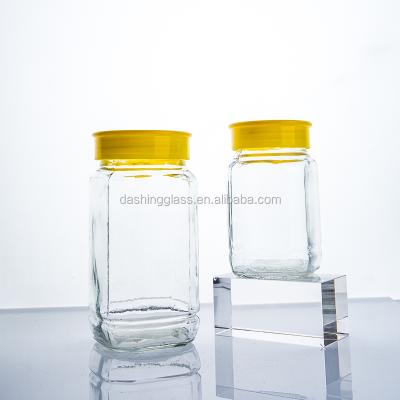 China Freshness Preservation 380ml Food Safe Recycle Glass Honey Jar Square With Plastic Lid for sale