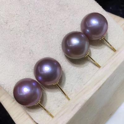 China CLASSIC Wholesale Freshwater Pearl Earrings, Natural Deep Purple Color, Round Shape, High Luster, Defect Free, 18K Gold Studs for sale