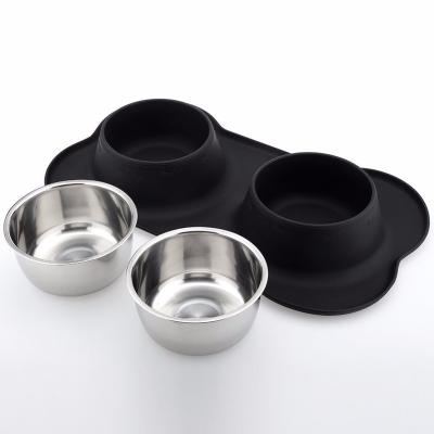 China Viable Manufacturer Wholesale 2 Stainless Steel Dog Bowls With Bone Form Silicone Pet Non-skidding Mat for sale