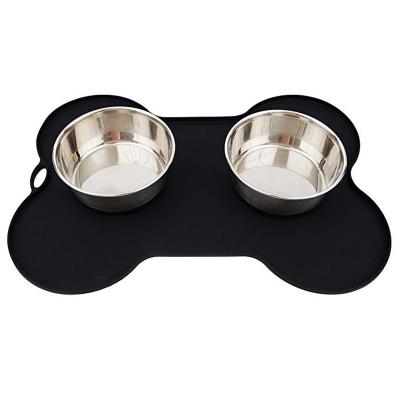 China Factory Wholesale 2 Viable Stainless Steel Dog Bowls With Bone Form Silicone Pet Non-skidding Mat for sale