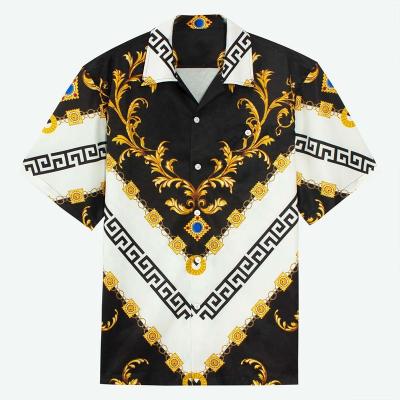 China Bold Design Anti-pilling Camp Collar Pattern Luxury Printed Greek Meander Printed Textured Fabric Baroque Short Sleeve Shirt For Men for sale