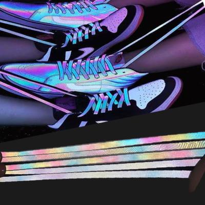 China Viable Customized Hot Sale Rainbow Polyester/PP Webbing Tape Glow In Dark Printed Reflective shioelaces for sale