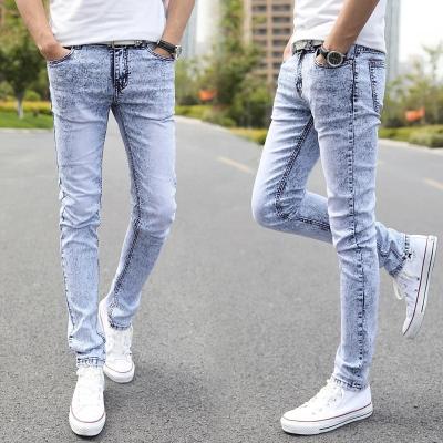 China Breathable Cotton Slim Fit Cropped Leg Pockets Pants Blue Sheer Washed Elastic Skinny Denim Pantalones Raw Edge Jeans Pants for sale