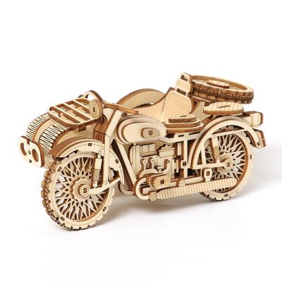 China Eco-friendly Laser Cutting Wooden Model Retro Design Motorcycle Kits 3d Wood Puzzles Motorcycle With Sidecar 3D Puzzles For Adults for sale