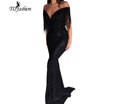 China Anti-wrinkle A line shape off the shoulder black evening dresses with tassels deep V neckline women party dresses for sale