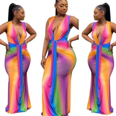 China Sleeveless Printed Elegant Women Long Dress Deep V Neckline Anti-Wrinkle Rainbow Formal Dress Plus Size Prom Dresses for sale