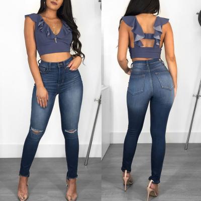 China 2020 new style waterproof jeans ripped straight leg mid waisted casual style for women jeans for sale