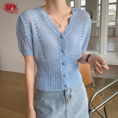 China Anti-wrinkle New Women Summer Short Knit Cardigan Trim CropTop Soft Hollow for sale