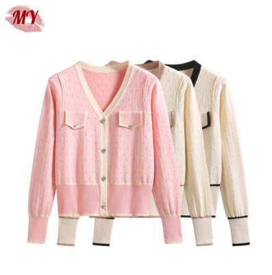 China New Anti-wrinkle Women Spring Fashion Short Knitted Coat V-Neck Cardigan Button Front Knit for sale